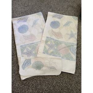 Vintage 90s Seashell Print Bath Towel Set Cotton Peach Blue Cream Mermaid Pastel